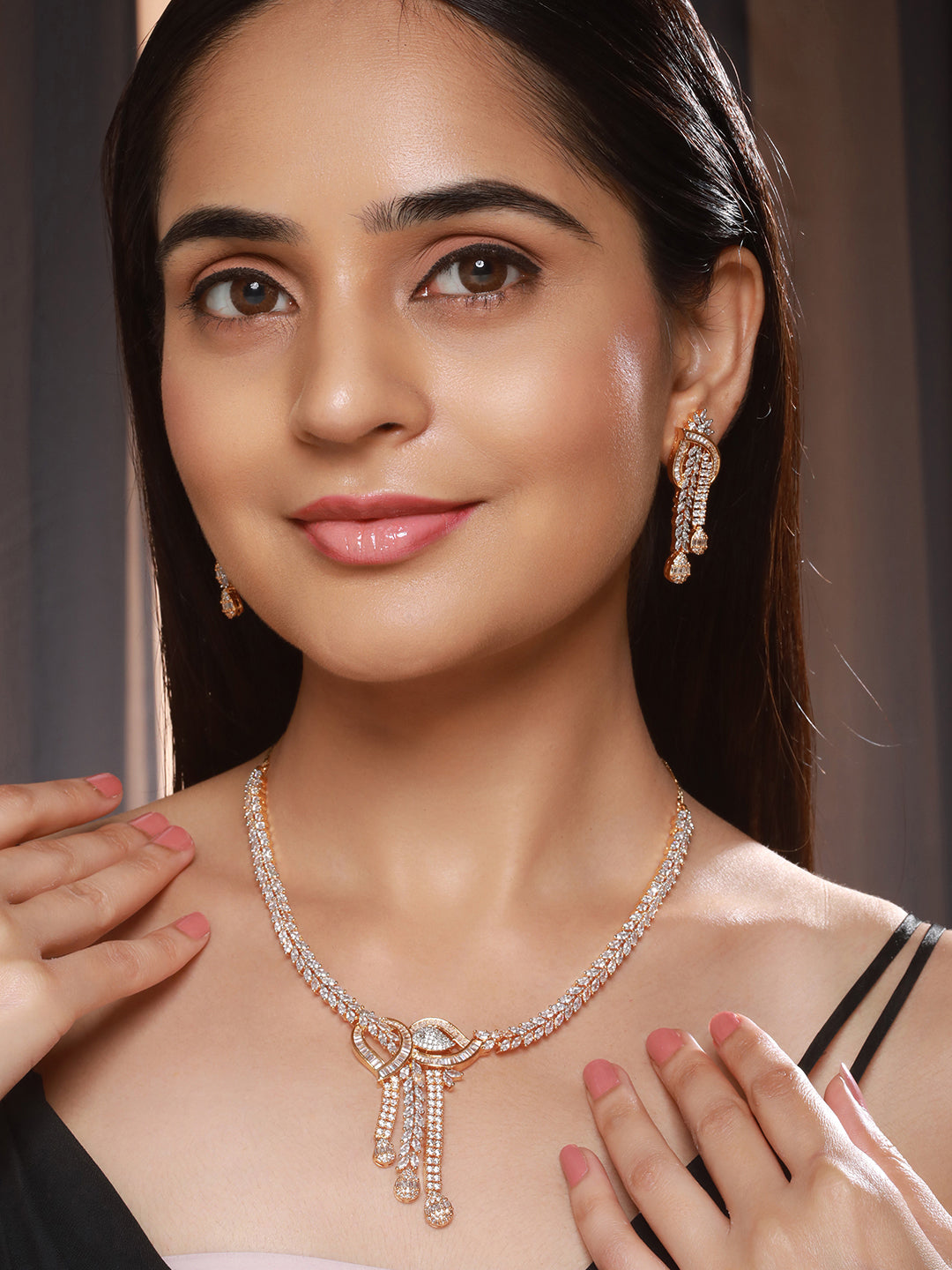 Dual Toned Gold Plated AD Studded Mango Design  Luxe Statement Necklace Jewellery Set